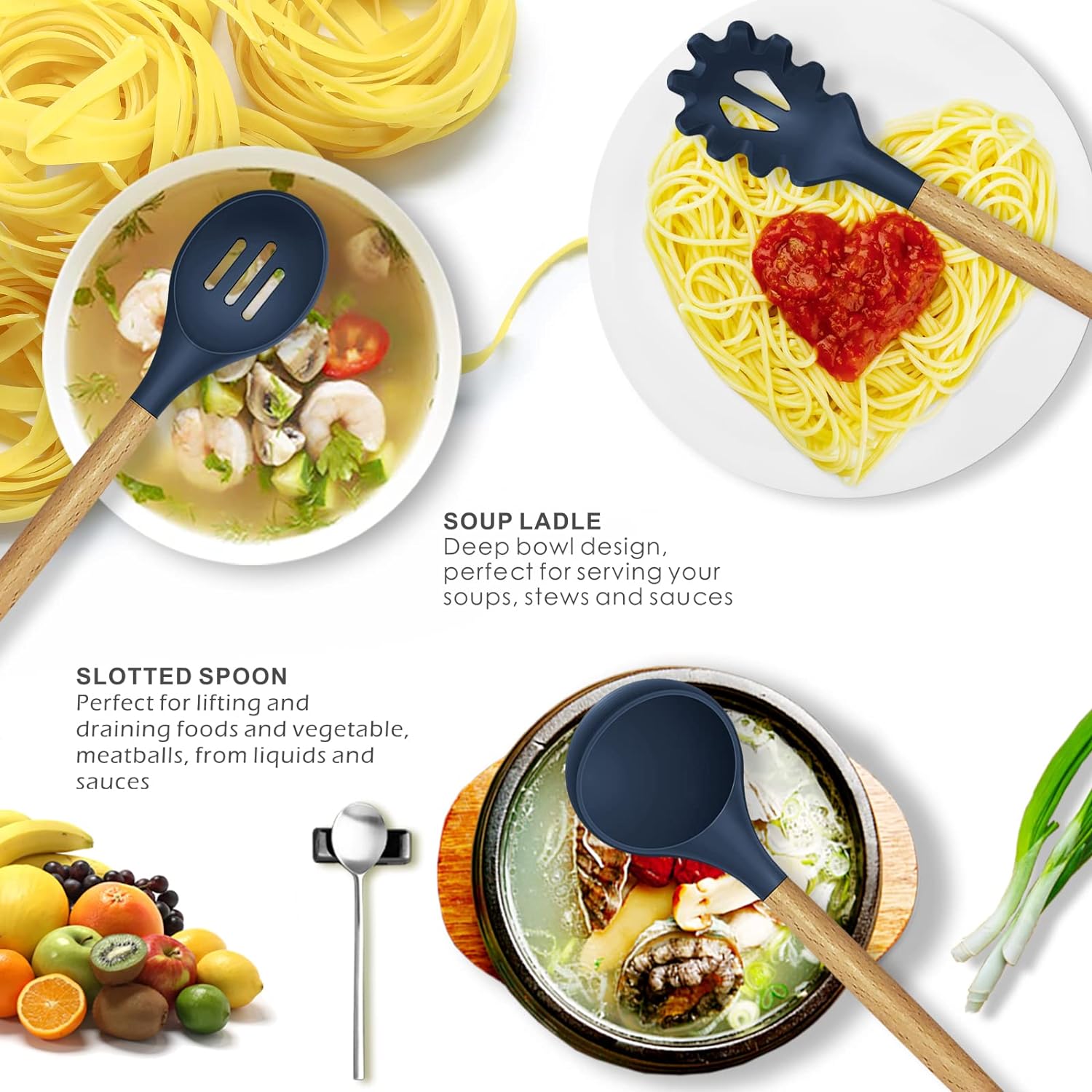 12 Pcs Silicone Cooking Utensils Kitchen Utensil Set Heat Resistant Non-Toxic BPA Free Spatula Set with Turner Tongs,Spoon,Brush,Whisk-Wooden Handles Kitchen Gadgets Tools Set for Nonstick Cookware