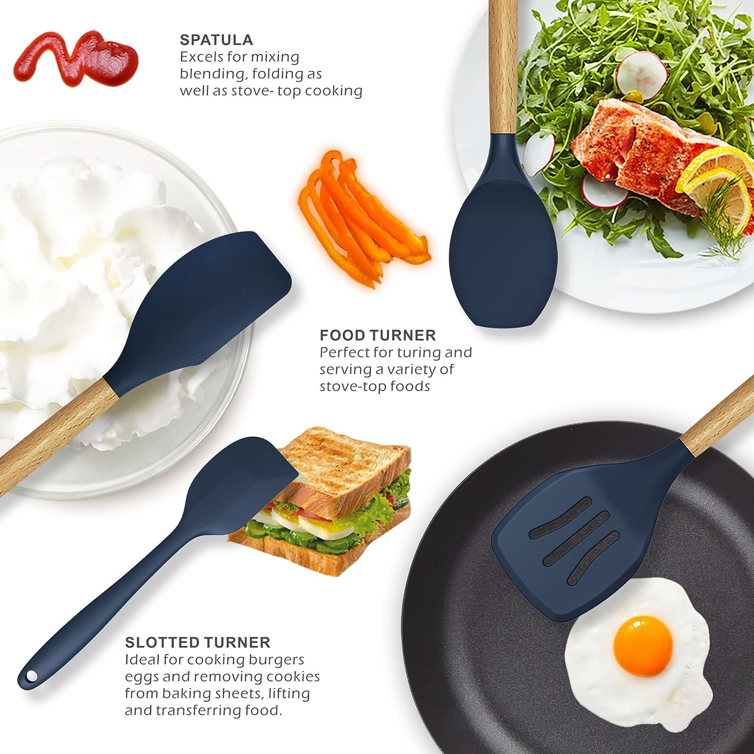 12 Pcs Silicone Cooking Utensils Kitchen Utensil Set Heat Resistant Non-Toxic BPA Free Spatula Set with Turner Tongs,Spoon,Brush,Whisk-Wooden Handles Kitchen Gadgets Tools Set for Nonstick Cookware
