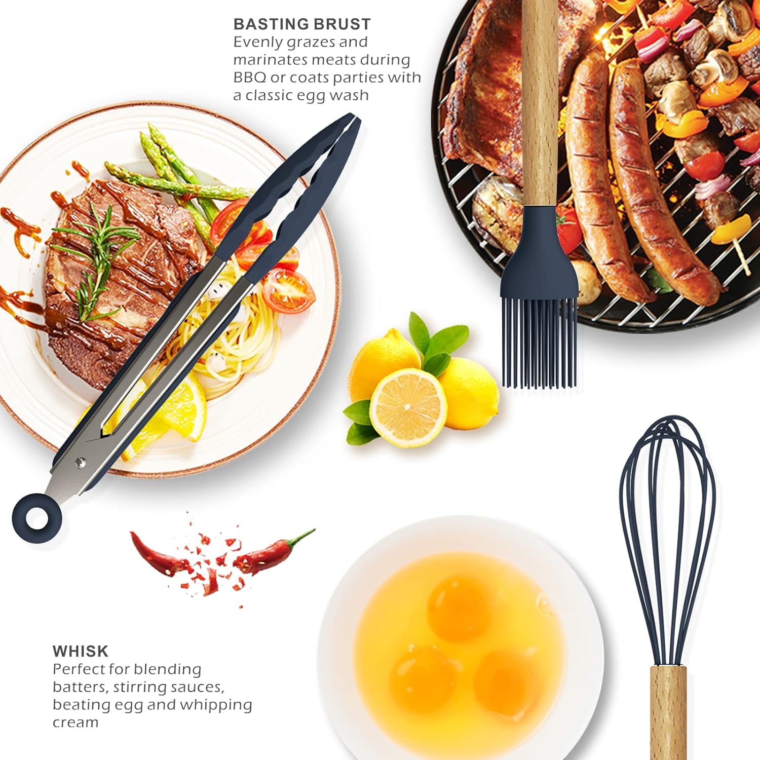 12 Pcs Silicone Cooking Utensils Kitchen Utensil Set Heat Resistant Non-Toxic BPA Free Spatula Set with Turner Tongs,Spoon,Brush,Whisk-Wooden Handles Kitchen Gadgets Tools Set for Nonstick Cookware