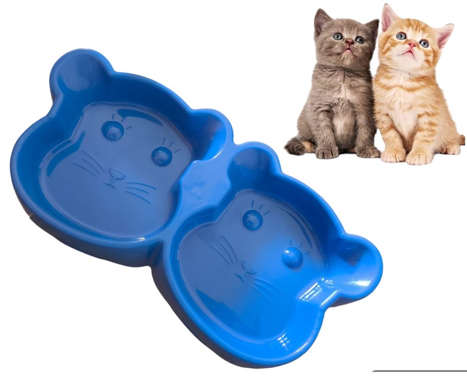 Cat Shaped Double Food Bowl Pet Plastic Food Bowl Foodie Puppies Non-Slip, Non-Toxic Pet Feeding Plastic Bear Face Shaped Double Bowl Food & Water Feeder 2-In-1 Bowl For Dogs, Puppies, Cats & Kittens - Multi Colour