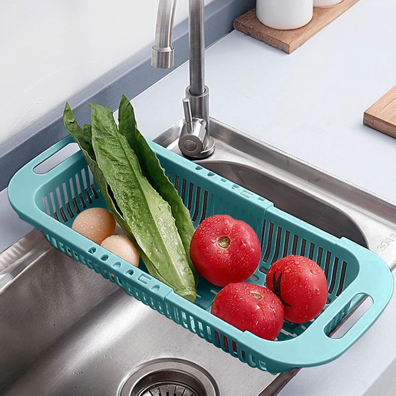 Extendable Over the Sink Colander Fruits and Vegetables Drain Basket Adjustable Food Strainer Sink Washing Basket for Kitchen Folding Basket Fridge Organizer Storage Rack Fruit Basket Plastic Basket Kitchen Sink Basket with Handle Storage Basket Organizer