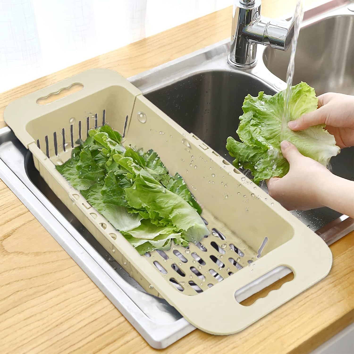 Extendable Over the Sink Colander Fruits and Vegetables Drain Basket Adjustable Food Strainer Sink Washing Basket for Kitchen Folding Basket Fridge Organizer Storage Rack Fruit Basket Plastic Basket Kitchen Sink Basket with Handle Storage Basket Organizer