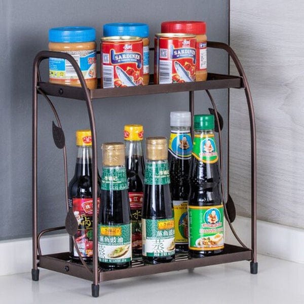 Spice Rack Organizer Metal, 2 Tier Spice Rack Vegetable Stand Folding Metal Storage Shelf Rack for Kitchen, Kitchen Organizer, Bathroom Organizers, Makeup Organiser Metal, Office Storage Shelf 2 Layer Metal Folding Rack