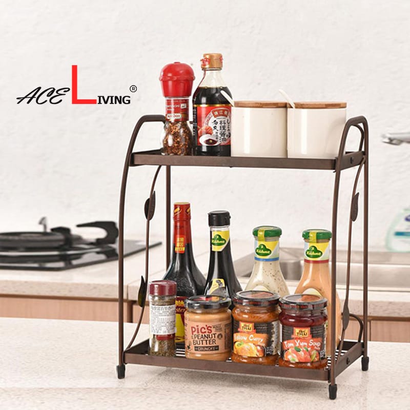 Spice Rack Organizer Metal, 2 Tier Spice Rack Vegetable Stand Folding Metal Storage Shelf Rack for Kitchen, Kitchen Organizer, Bathroom Organizers, Makeup Organiser Metal, Office Storage Shelf 2 Layer Metal Folding Rack
