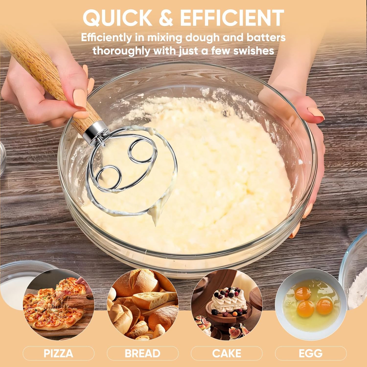 Dough Whisk Wooden Bread Whisk With Stainless Steel Dough Hook - Traditional Dutch Whisk - Dough Mixer Hand Tool & Sourdough Bread Making Tools And Supplies Flour Whisk Kitchen Dough Mixer For Baking Cake Pizza Mixing Tool Roti Maker1Pcs
