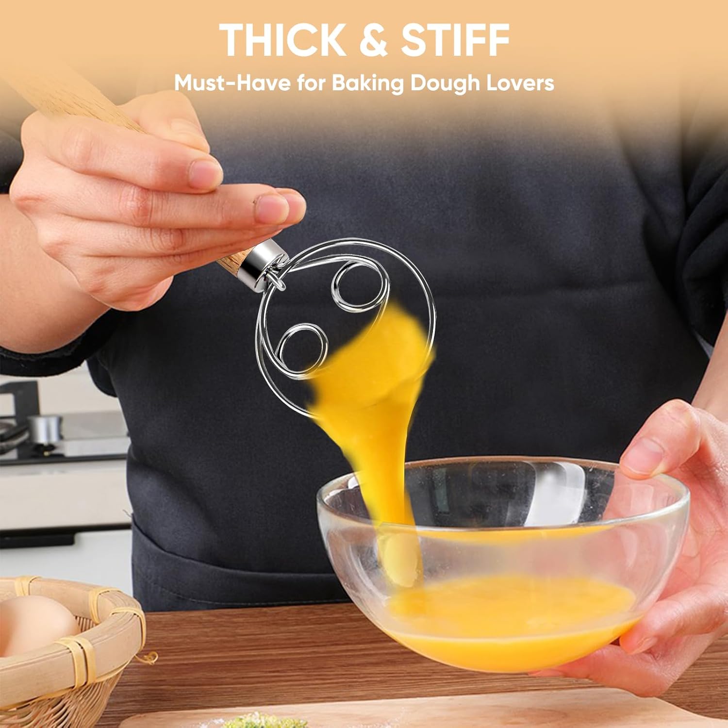 Dough Whisk Wooden Bread Whisk With Stainless Steel Dough Hook - Traditional Dutch Whisk - Dough Mixer Hand Tool & Sourdough Bread Making Tools And Supplies Flour Whisk Kitchen Dough Mixer For Baking Cake Pizza Mixing Tool Roti Maker1Pcs