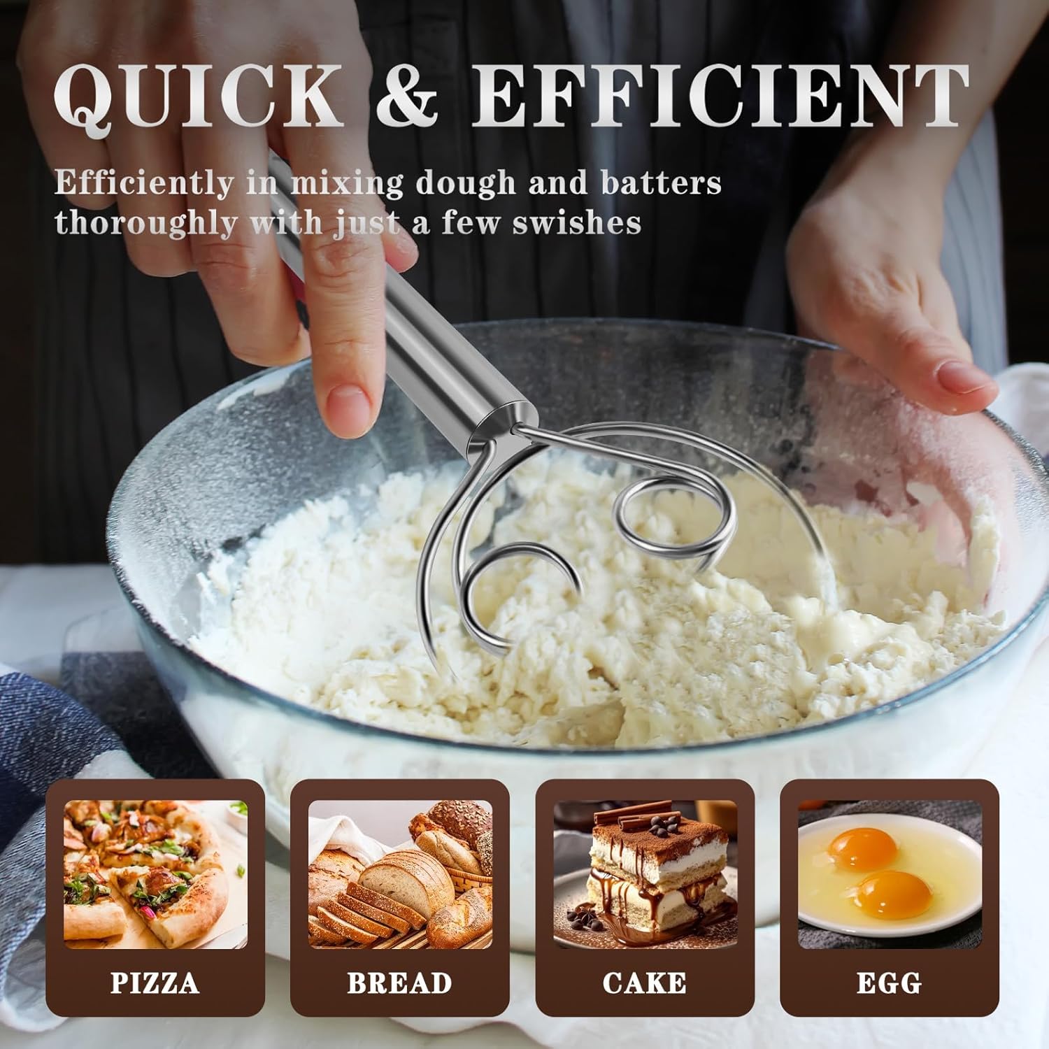 Dough Whisk Stainless Steel Bread Whisk With Stainless Steel Dough Hook - Traditional Dutch Whisk - Dough Mixer Hand Tool & Sourdough Bread Making Tools And Supplies Flour Whisk Kitchen Dough Mixer For Baking Cake Pizza Mixing Tool