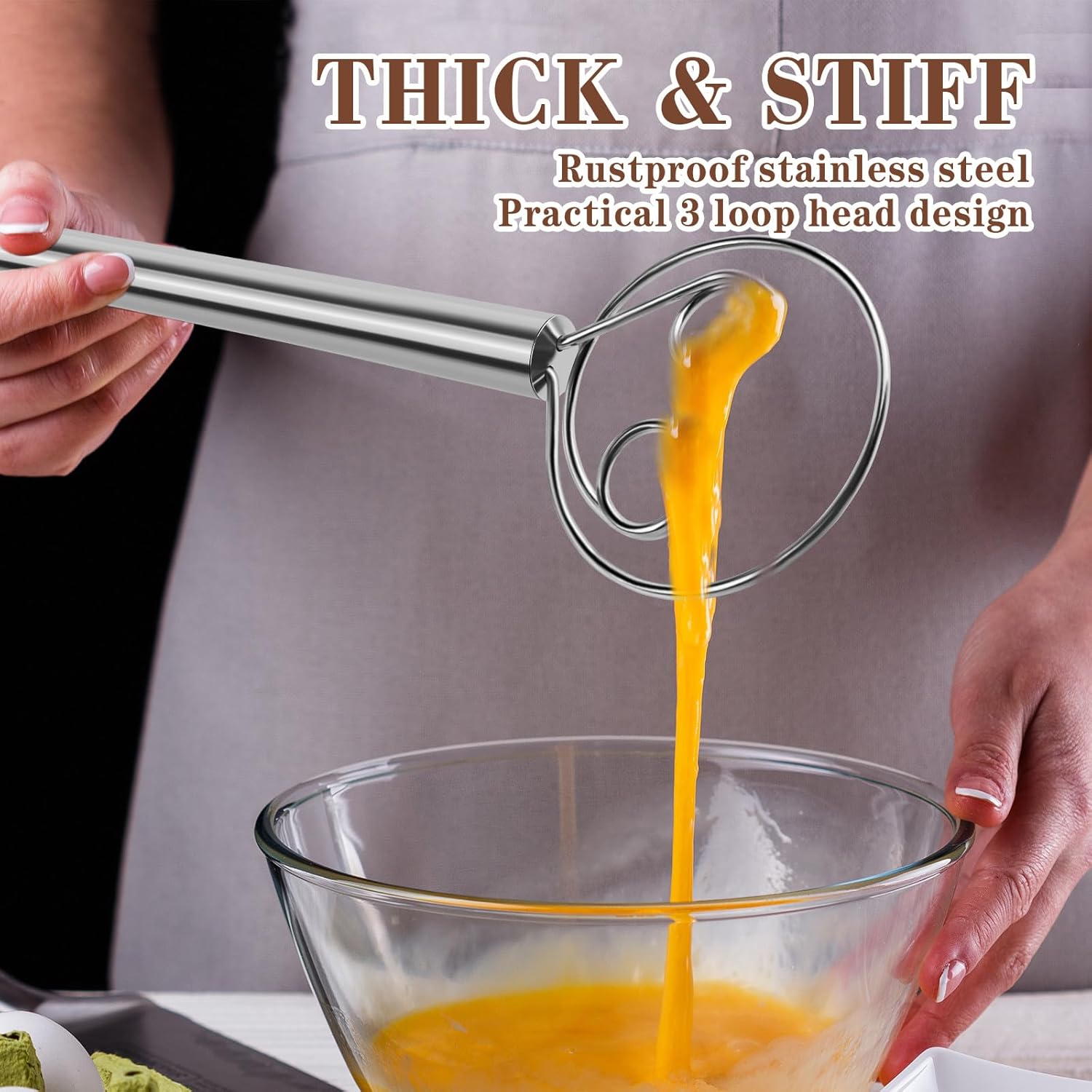 Dough Whisk Stainless Steel Bread Whisk With Stainless Steel Dough Hook - Traditional Dutch Whisk - Dough Mixer Hand Tool & Sourdough Bread Making Tools And Supplies Flour Whisk Kitchen Dough Mixer For Baking Cake Pizza Mixing Tool