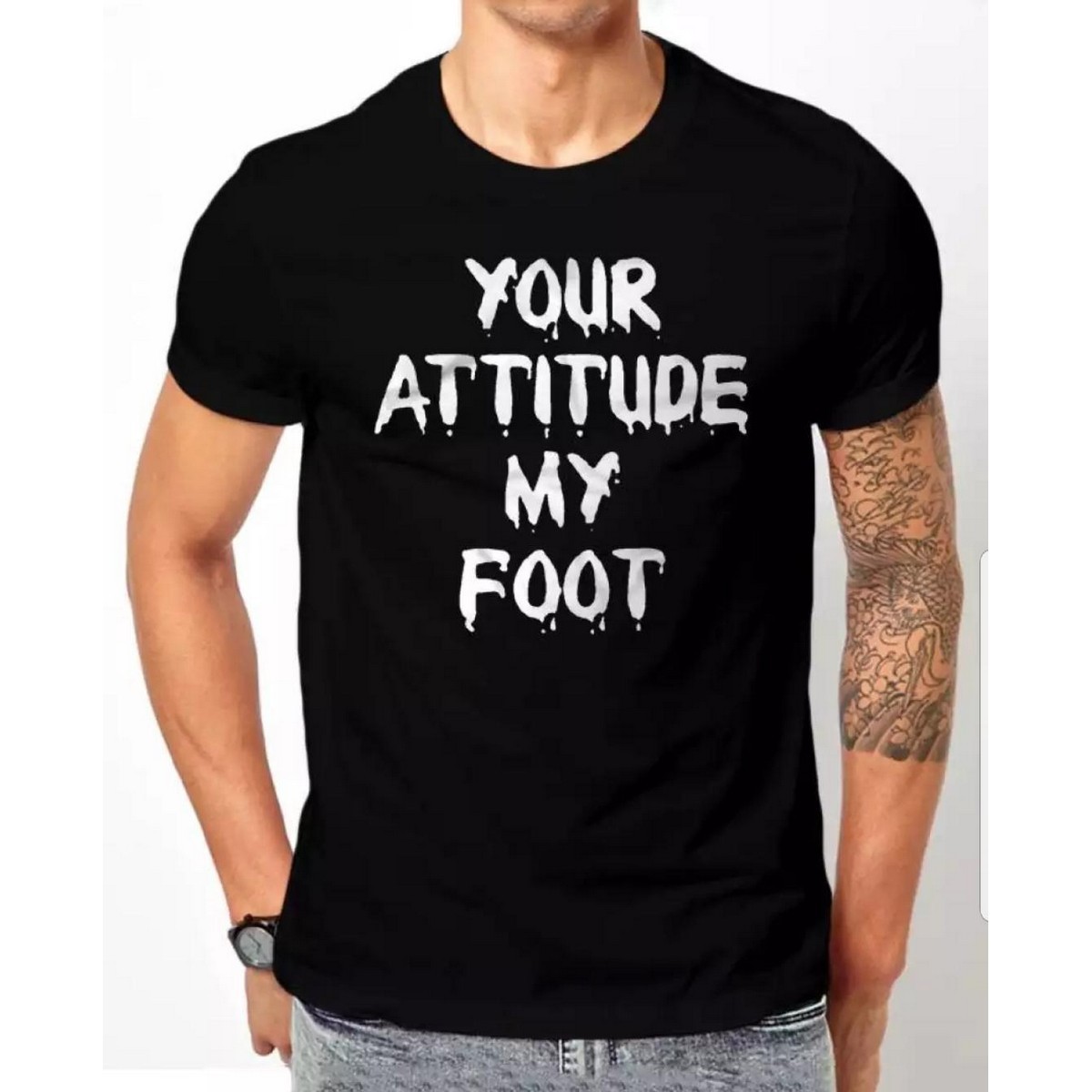 Trendy Your Atittude My Foot Theme Tag Print Summer Top Half Sleeve Black Tee Shirt Round Neck Cotton Trendy T-shirt Casual Tshirt Spring Wear Smart Fit Half Sleeve Tee Shirt for Men And Boys 