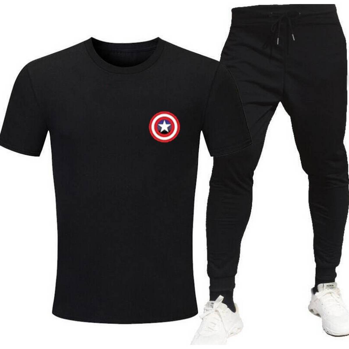 Men's Captain America Logo Printed In Black T Shirt Round Neck Half Sleeves Casual Tracksuit Amazing And Trendy T Shirt And Trouser for men n boys Gym Part Shirt And Jogging Track Suit