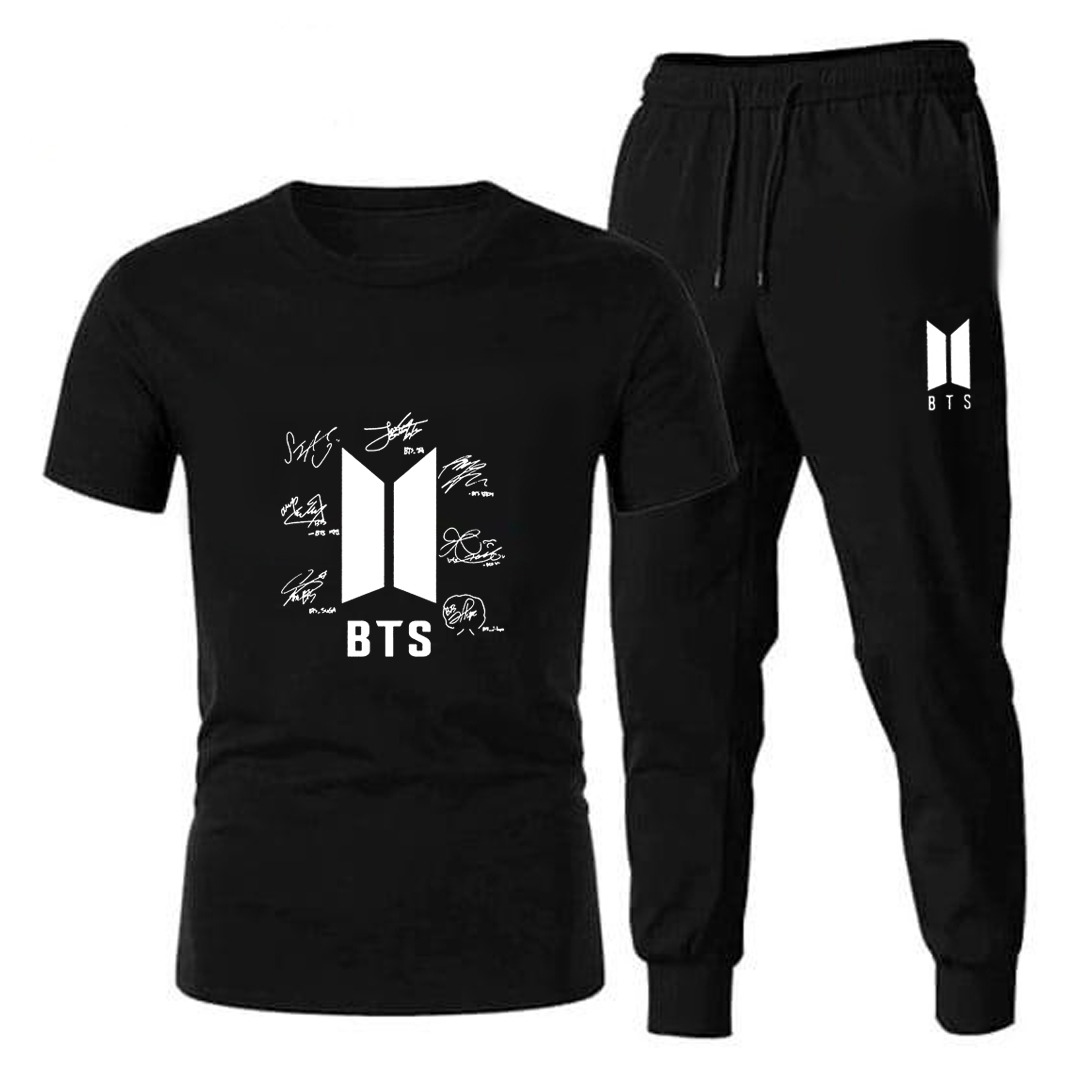 Tracksuit For Women And Girls In Black T Shirt Round Neck Half Sleeves Tag Signature of All 7 Members Bts Printed Track suit Amazing And Trendy Bts Lovers Tee Shirt And Trouser Gym Part Shirt And Jogging Track Suit