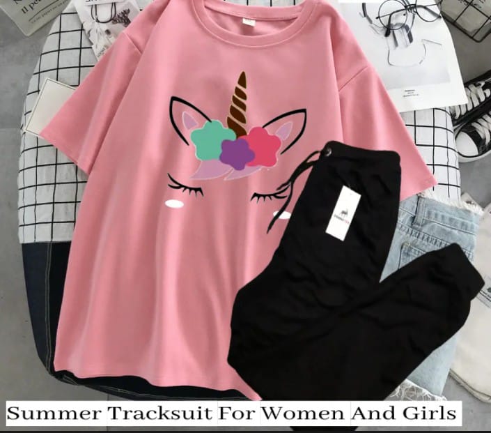 Tracksuit For Women And Girls In Pink T Shirt Round Neck Half Sleeves Tag Unicon Printed Track suit Amazing And Trendy Tee Shirt And Trouser Gym Part Shirt And Jogging Track Suit