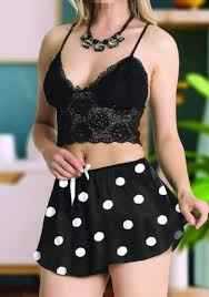 Women's Black Lace Bralette & Polka Dot Shorts Nightwear Set | Sexy Sleepwear & Loungewear | Inner Top and Short Cami Set