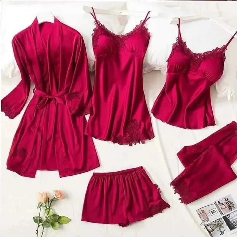 5Pcs Imported Nighty | High Quality Silk Night Wear | Honeymoon Bridal Set Pack of 5Pcs