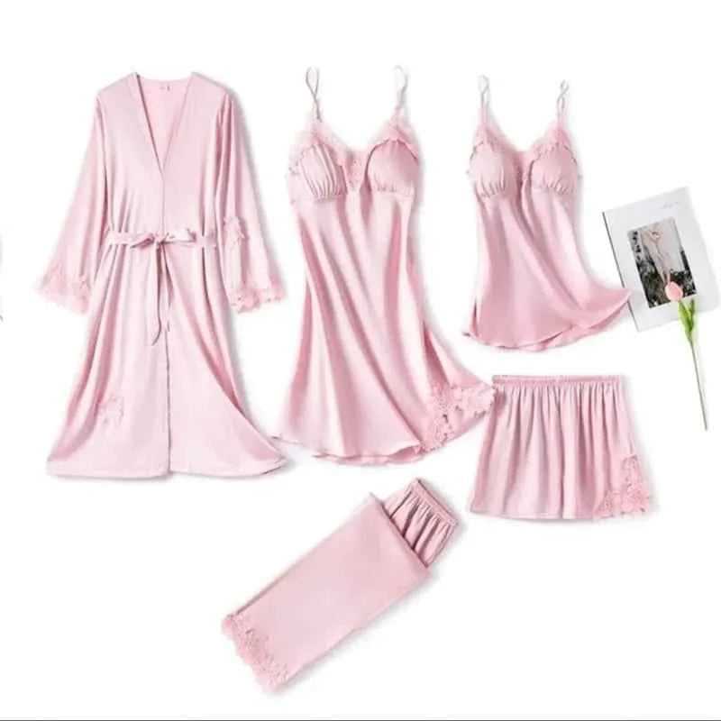 5Pcs Imported Nighty | High Quality Silk Night Wear | Honeymoon Bridal Set Pack of 5Pcs