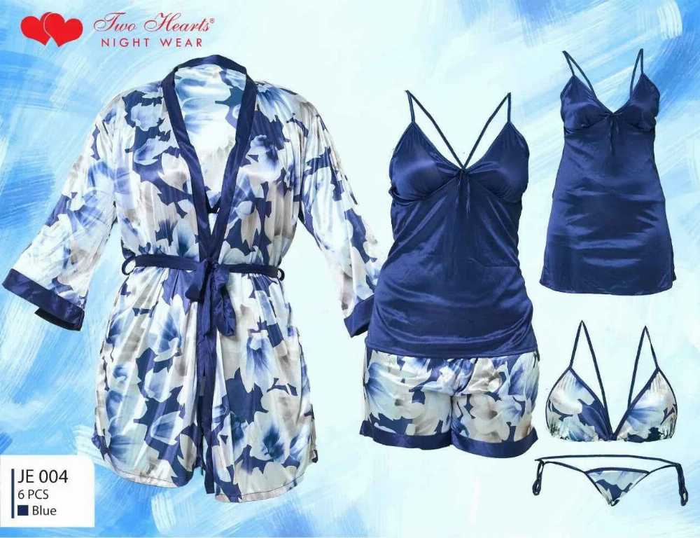 Two Hearts 7Pcs Silk Nightwear & Lingerie For Girls & Women - Blue
