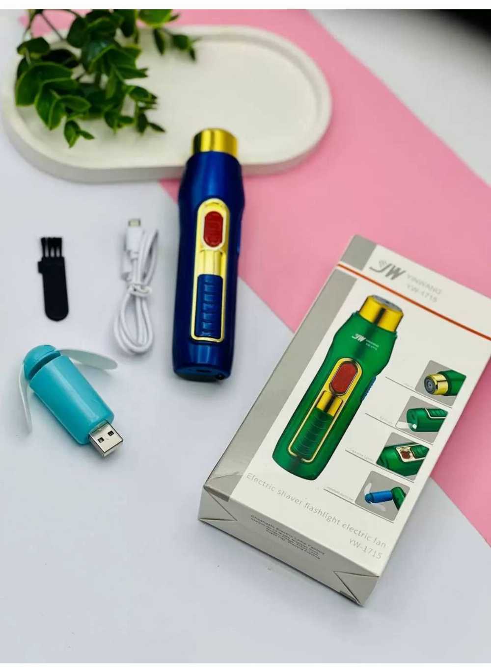 5 In 1 USB Pocket Hair Trimmer Mini Shaver, Razor Ignition Lighter LED Torch Light, Power Bank With Mini Fan All in one Hair Trimmer