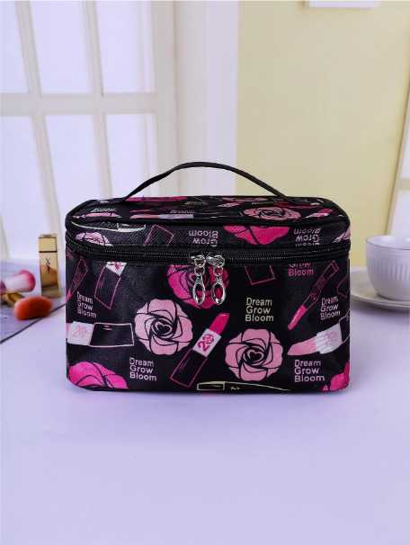 Women Makeup Bag Flower & Lipstick Print Zipper Cosmetic Organizer