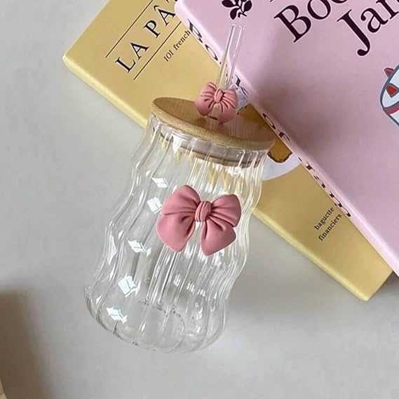 Premium 500ml Lined Glass Cup with Bow – Aesthetic Ribbed Drinking Glass