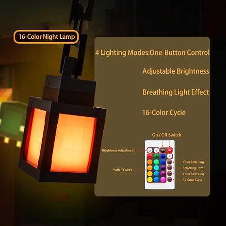 Minecraft Hanging Lantern Lamp – USB Rechargeable Pixel LED Night Light with Wall Mount Bracket & Chain for Gamer Room Decor