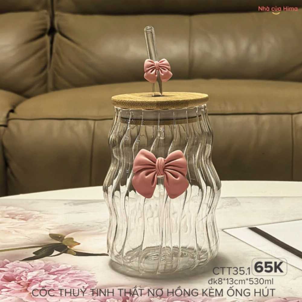 Premium 500ml Lined Glass Cup with Bow – Aesthetic Ribbed Drinking Glass
