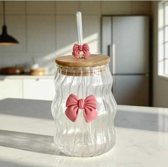 Premium 500ml Lined Glass Cup with Bow – Aesthetic Ribbed Drinking Glass