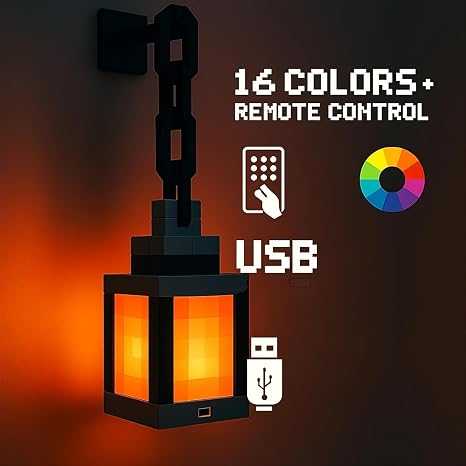 Minecraft Hanging Lantern Lamp – USB Rechargeable Pixel LED Night Light with Wall Mount Bracket & Chain for Gamer Room Decor