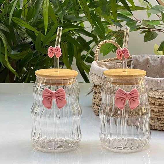 Premium 500ml Lined Glass Cup with Bow – Aesthetic Ribbed Drinking Glass