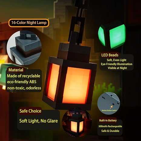Minecraft Hanging Lantern Lamp – USB Rechargeable Pixel LED Night Light with Wall Mount Bracket & Chain for Gamer Room Decor
