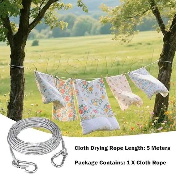 2-Meter Stainless Steel Clothesline – Strong Metal Rope with Hanging Hooks