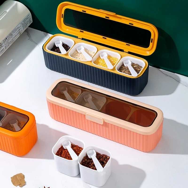 Kitchen Multi-Function Four Grid Integrated Seasoning Box Set with Lid Combination Seasoning Jar with Spoon Plastic Material