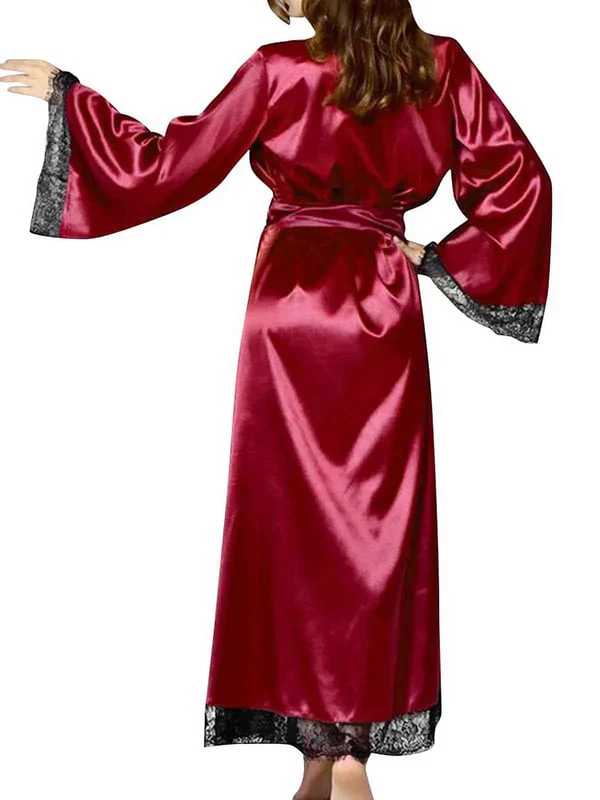 3Pcs Imported Women's Luxury Satin Robe with Bikini Lingerie Set – Full-Length Kimono Nightwear with Lace Trim 
