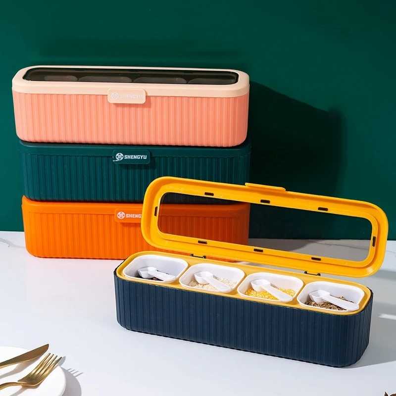 Kitchen Multi-Function Four Grid Integrated Seasoning Box Set with Lid Combination Seasoning Jar with Spoon Plastic Material