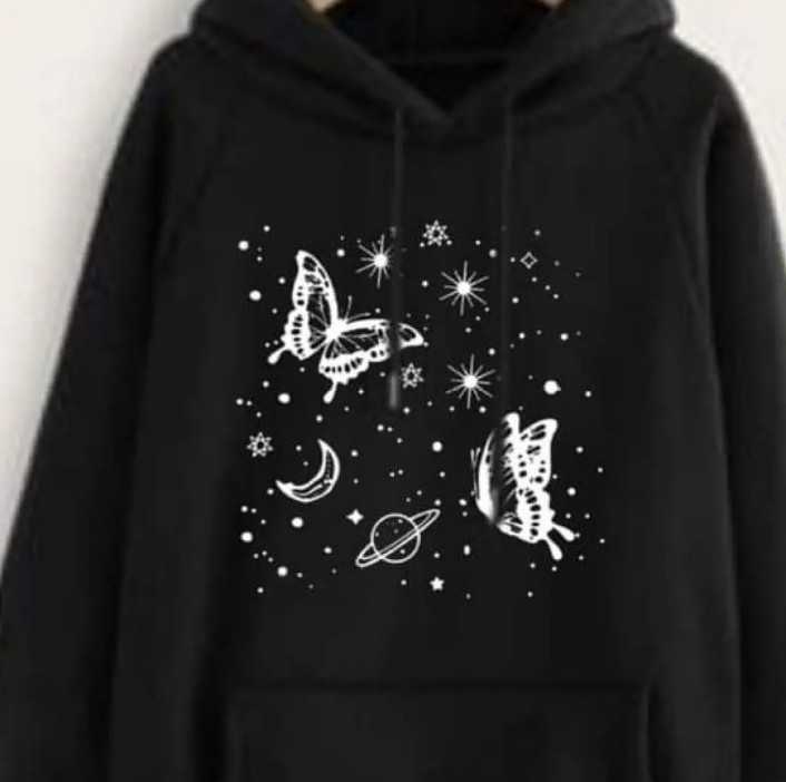 Trendy Moon Star With Butterflyies Printed Stylish Fleece Black Hoodie For Women & Girls - Fashionable and Stylish Hoodie- Premium Brand Quality and Comfortable For Winter Wear