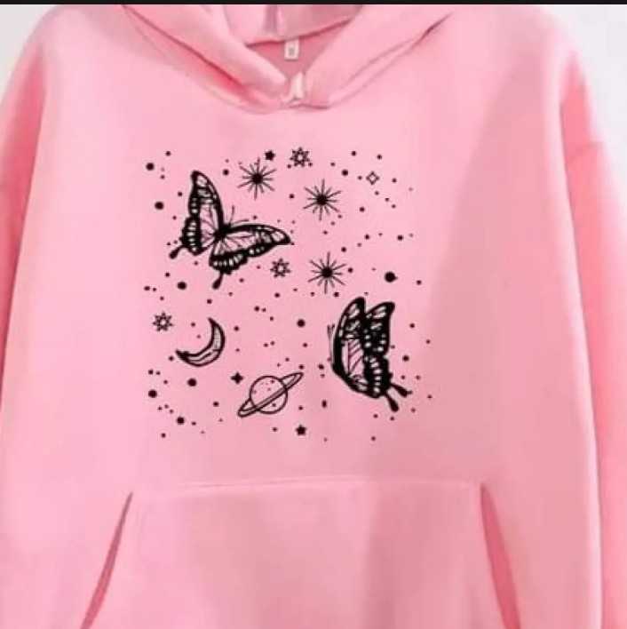 Trendy Moon Star With Butterflyies Printed Stylish Fleece Pink Hoodie For Women & Girls - Fashionable and Stylish Hoodie- Premium Brand Quality and Comfortable For Winter Wear