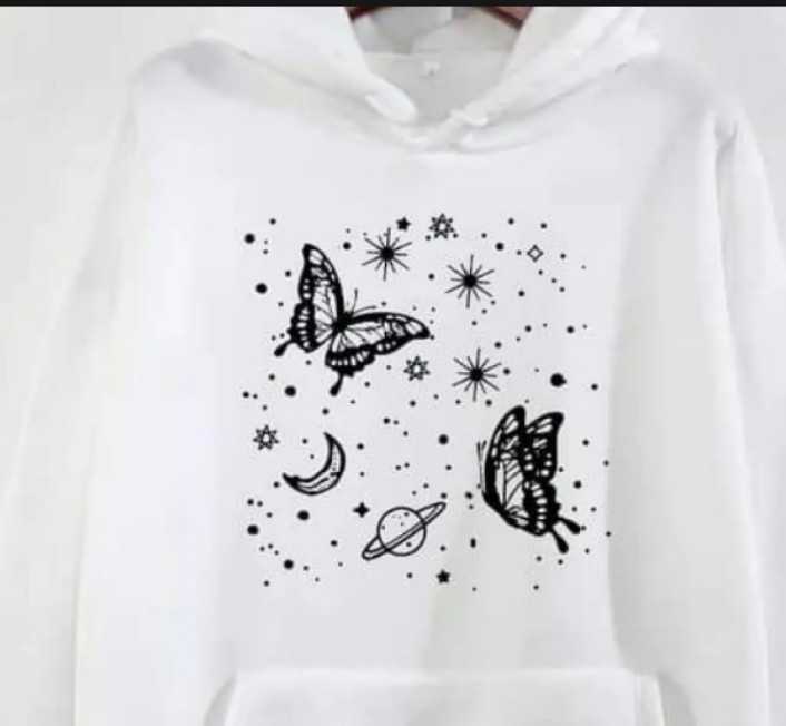 Trendy Moon Star With Butterflyies Printed Stylish Fleece White Hoodie For Women & Girls - Fashionable and Stylish Hoodie- Premium Brand Quality and Comfortable For Winter Wear
