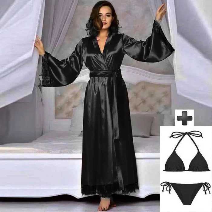 3Pcs Imported Women's Luxury Satin Robe with Bikini Lingerie Set – Full-Length Kimono Nightwear with Lace Trim 