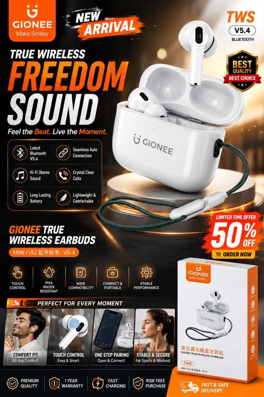 Gionee True Wireless Earbuds V5.4 Bluetooth Earbuds with Silicone Case & Lanyard | Premium TWS Wireless Earphones