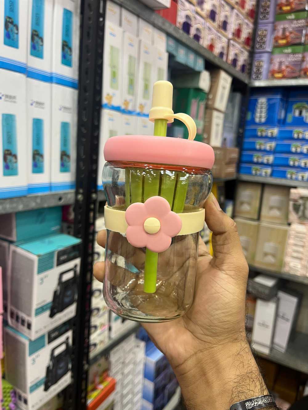 400ml Flower Bow Glass Cup with Straw – Cute Kawaii Aesthetic Glass Mug