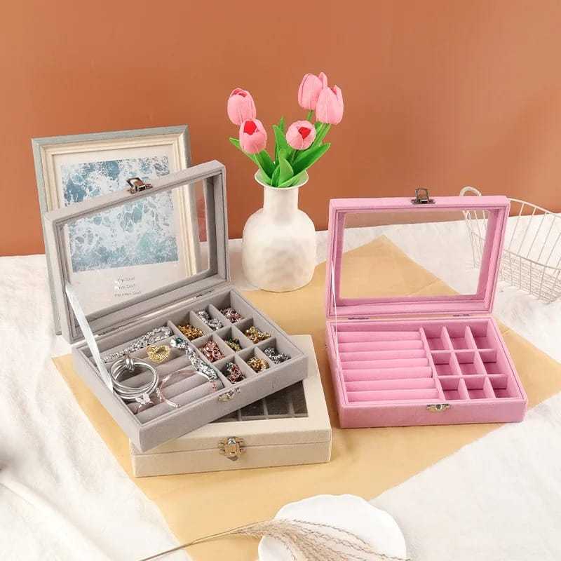 Velvet Glass Ring Earring Jewelry Display Organizer Box – Showcase Storage Case