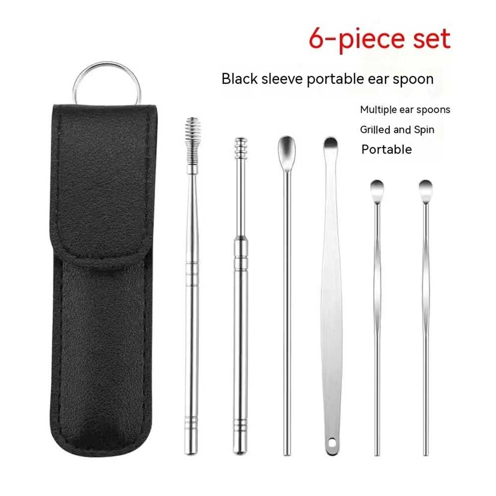 6Pcs Ear Digging Spoon Set Long Head Spiral Spring Ear Spoon Easy Clean Stainless Steel Portable Ear Care Cleaning Tools Set