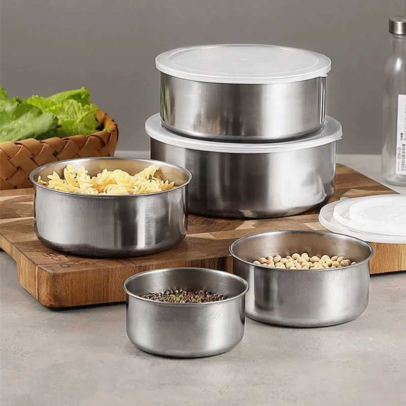 5Pcs Stainless Steel Microwavable Lunch Box Round Picnic Food Sealed Storage Containers Fresh-Keeping Bowl Kitchen Accessories