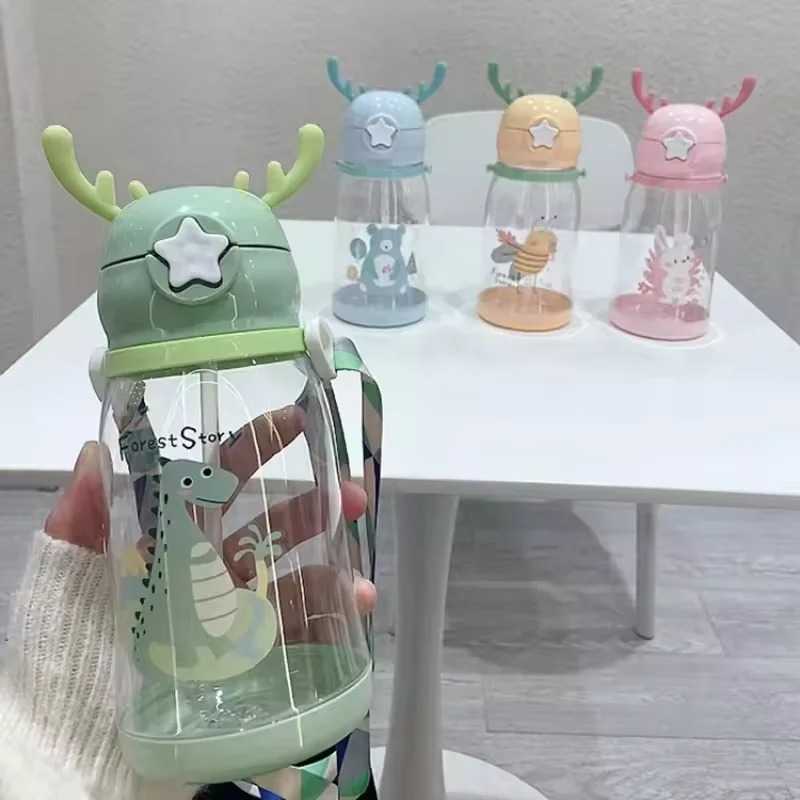 580MLCute Cartoon Water Bottle Flip Top Portable Straw Water Cup With Strap For Outdoor Sports Fitness Camping Kids Gifts