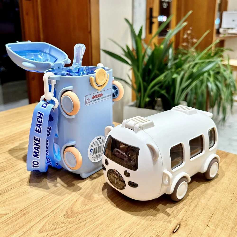 500ml Cute Bear Portable Water Bottle With Shoulder Strap Kid Car Straw Water Cup Bus Shape Children's Water Bottle Drinking Cup