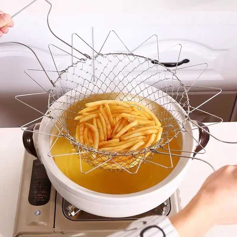 Stainless Steel Folding Oil Fry Basket Home Kitchen Oil Filtration Sieve for French Fries Chicken Blocks Oil Drain Basket