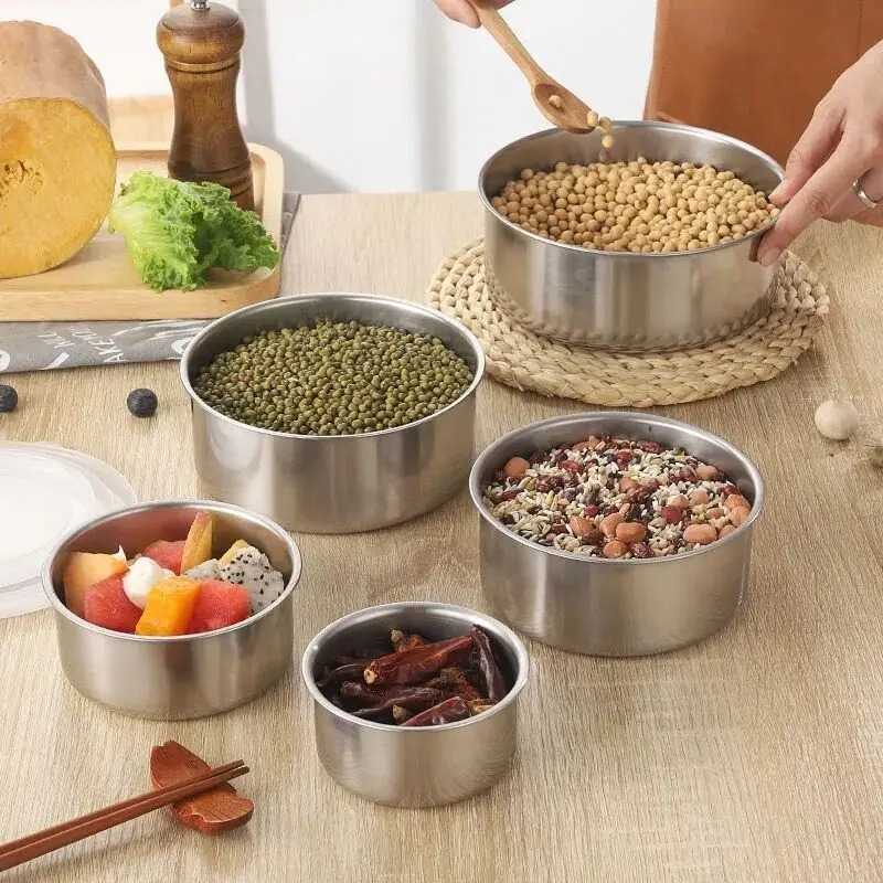 5Pcs Stainless Steel Microwavable Lunch Box Round Picnic Food Sealed Storage Containers Fresh-Keeping Bowl Kitchen Accessories
