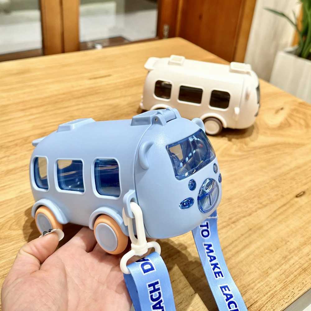 500ml Cute Bear Portable Water Bottle With Shoulder Strap Kid Car Straw Water Cup Bus Shape Children's Water Bottle Drinking Cup