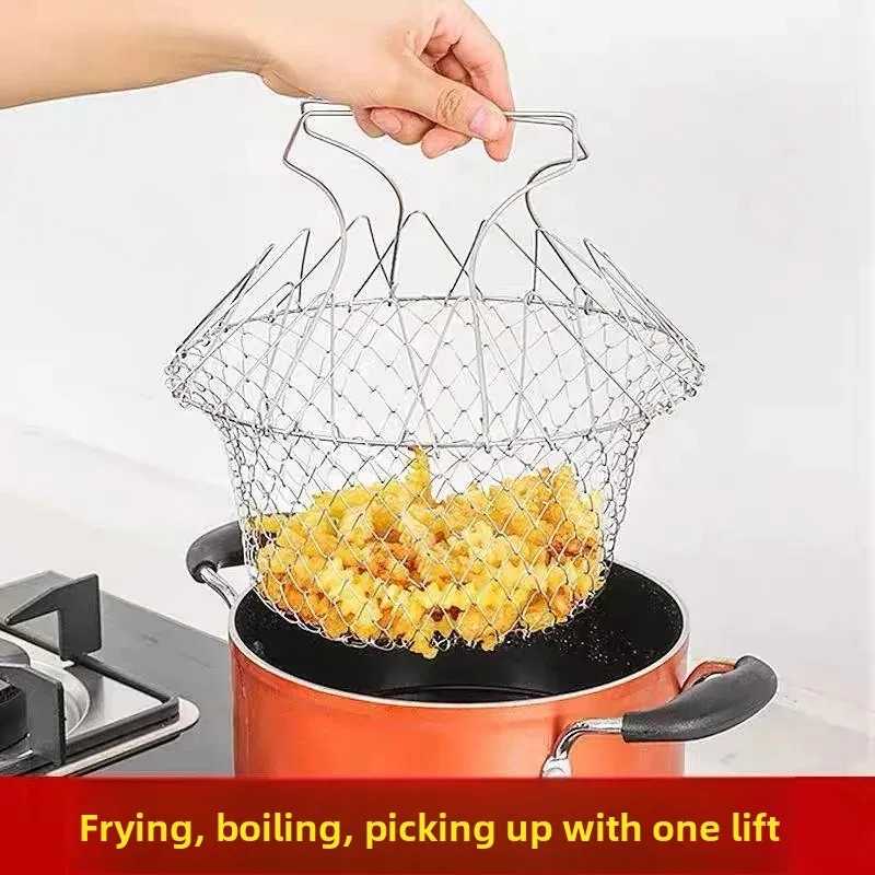 Stainless Steel Folding Oil Fry Basket Home Kitchen Oil Filtration Sieve for French Fries Chicken Blocks Oil Drain Basket