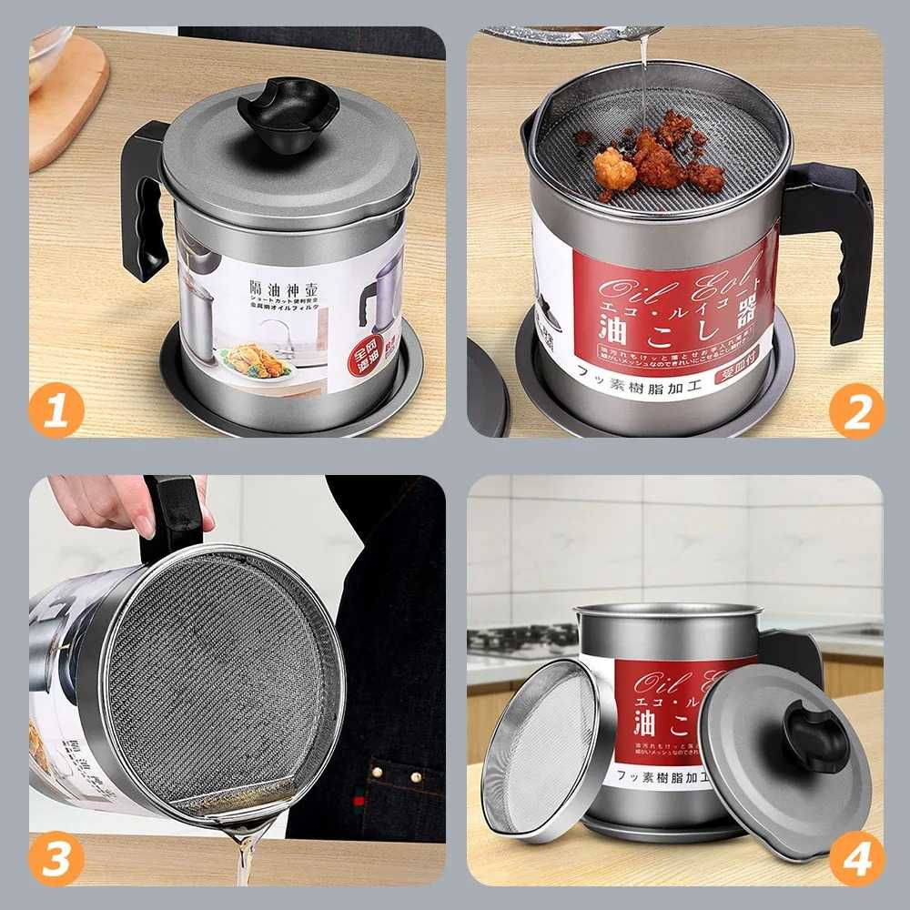 Cooking Oil Pot Stainless Steel Grease Storage Container 14L with Strainer Anti-Scald Handle for Bacon Grease Kitchen Supplies
