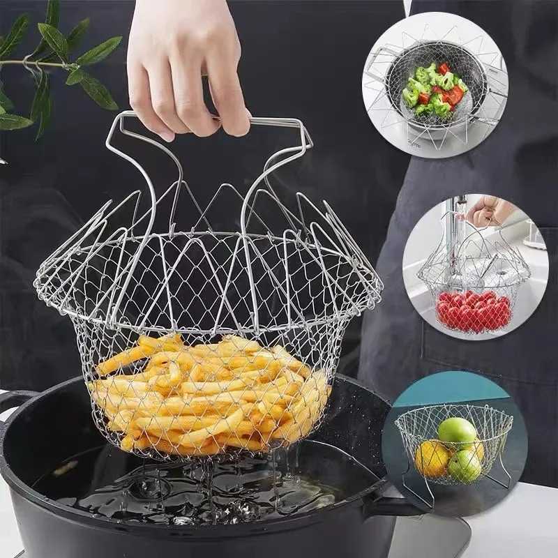 Stainless Steel Folding Oil Fry Basket Home Kitchen Oil Filtration Sieve for French Fries Chicken Blocks Oil Drain Basket